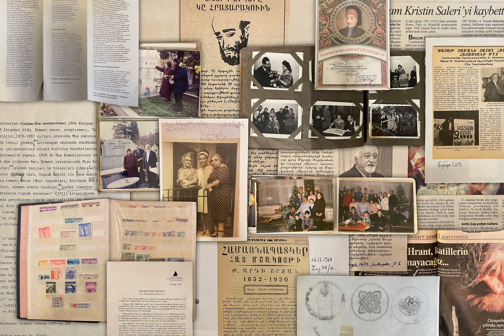 Gazete kupür ve fotoğraflarından bir kolajla arşiv içeriği yansıtılmış