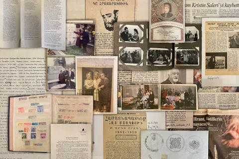 Gazete kupür ve fotoğraflarından bir kolajla arşiv içeriği yansıtılmış