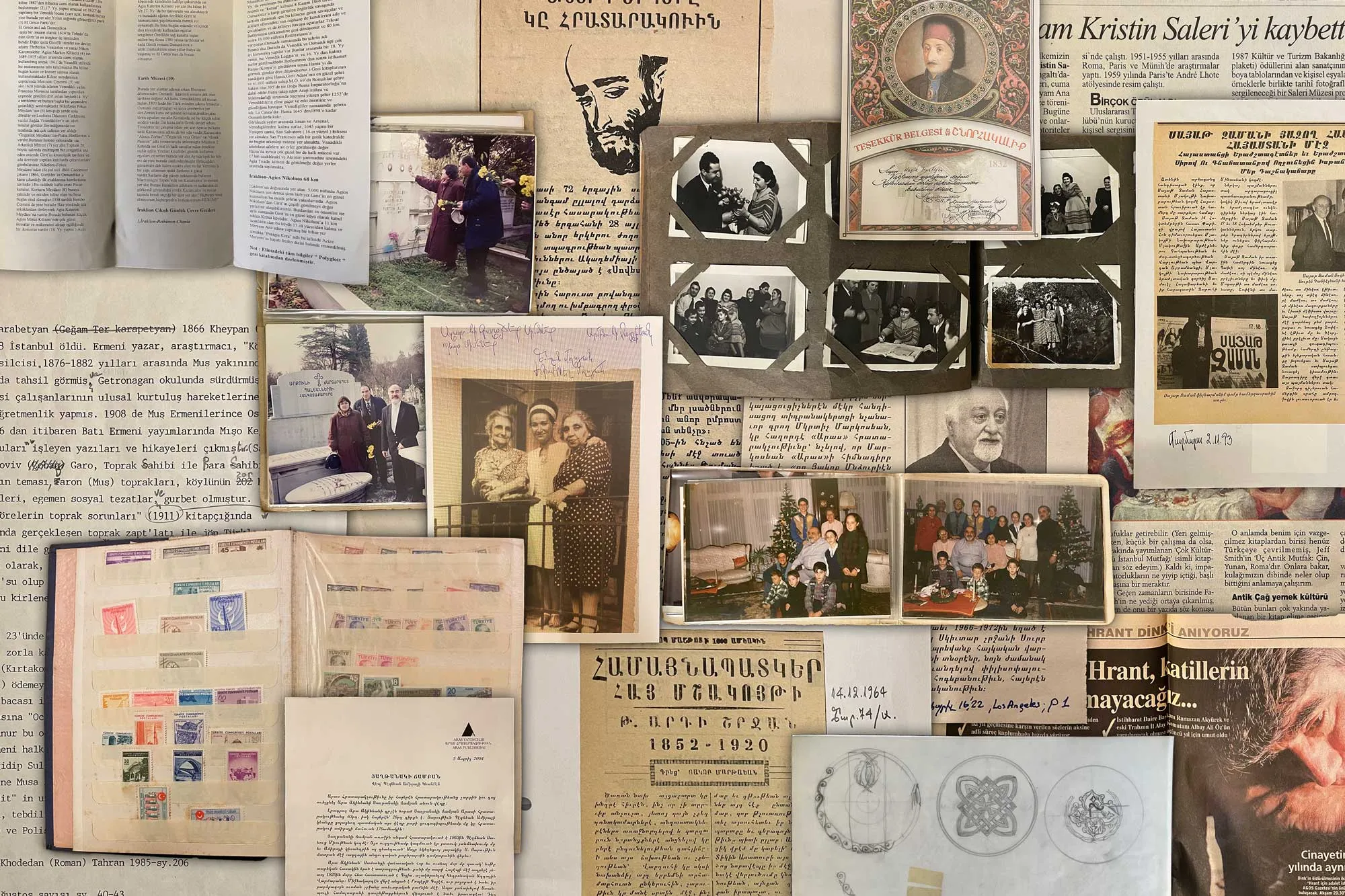 Gazete kupür ve fotoğraflarından bir kolajla arşiv içeriği yansıtılmış